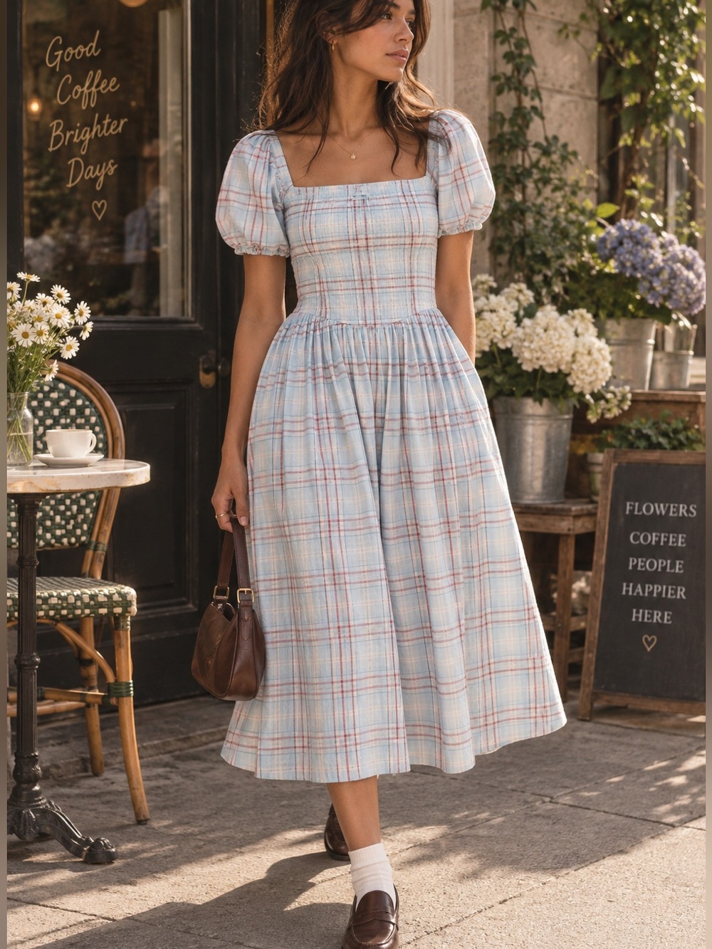 Abercrombie Blue Plaid Puff Sleeve Smocked Midi Dress Size M | Square Neck |